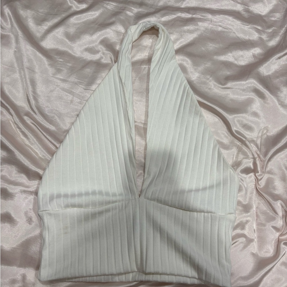 Ribbed Halter V-Neck Crop Top in White